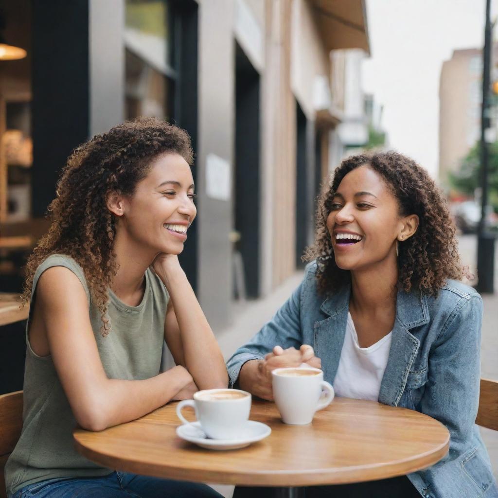 Two individuals meeting at an urban café, displaying expressions of joy and anticipation, symbolizing their first encounter in person after 5 years of online communication.