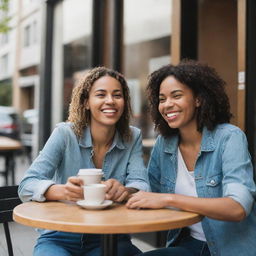 Two individuals meeting at an urban café, displaying expressions of joy and anticipation, symbolizing their first encounter in person after 5 years of online communication.