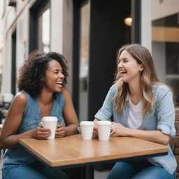 Two individuals meeting at an urban café, displaying expressions of joy and anticipation, symbolizing their first encounter in person after 5 years of online communication.