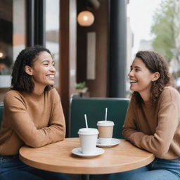 Two individuals meeting at an urban café, displaying expressions of joy and anticipation, symbolizing their first encounter in person after 5 years of online communication.