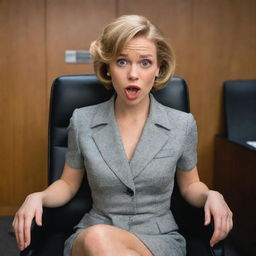 A humorous, sophisticated image of a short woman with a broad mouth, black eyes, and golden blonde hair. She sits elegantly on a chair in a detailed office setting, her stature emphasised.