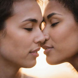 A close-up of two people in a sweet and loving embrace, their foreheads gently touching as they are about to share a tender, innocent kiss. Their faces are beautifully lit by the warm, setting sun in the background.