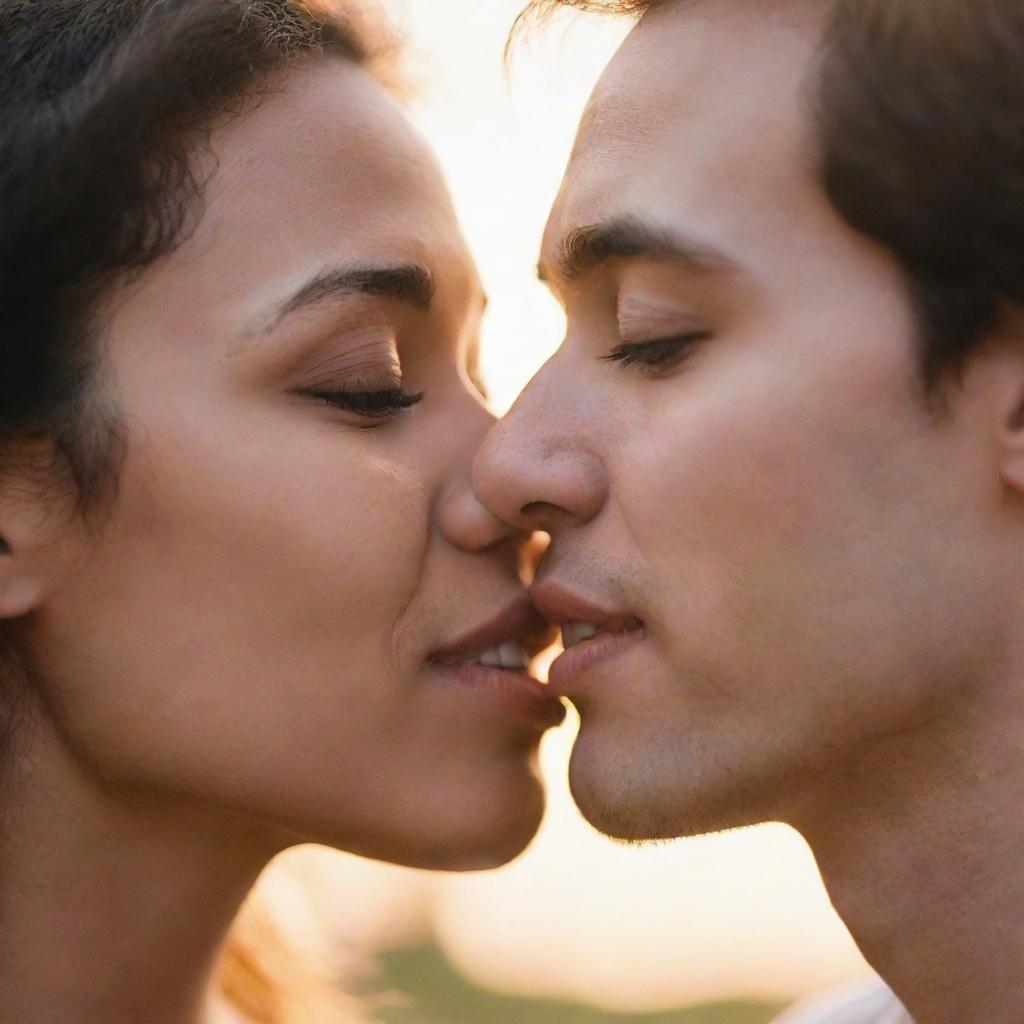 A close-up of two people in a sweet and loving embrace, their foreheads gently touching as they are about to share a tender, innocent kiss. Their faces are beautifully lit by the warm, setting sun in the background.