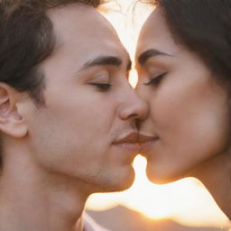 A close-up of two people in a sweet and loving embrace, their foreheads gently touching as they are about to share a tender, innocent kiss. Their faces are beautifully lit by the warm, setting sun in the background.