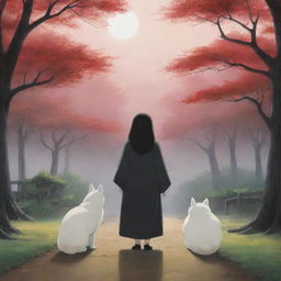 An enchanting scene showing Kaonashi, or No-Face, from Spirited Away, spending joyous moments with a beautiful Akita dog in a peaceful setting.