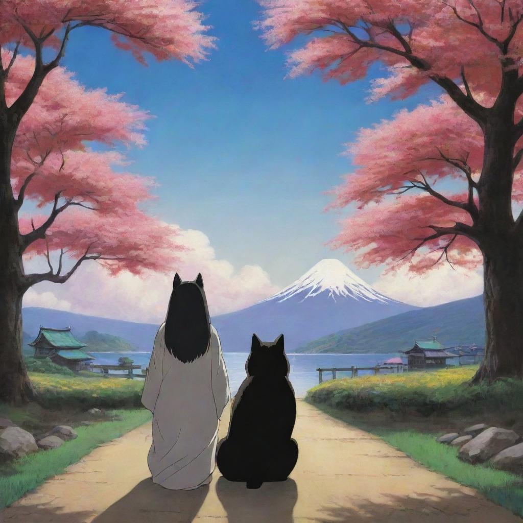 An enchanting scene showing Kaonashi, or No-Face, from Spirited Away, spending joyous moments with a beautiful Akita dog in a peaceful setting.