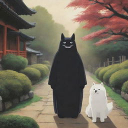 An enchanting scene showing Kaonashi, or No-Face, from Spirited Away, spending joyous moments with a beautiful Akita dog in a peaceful setting.