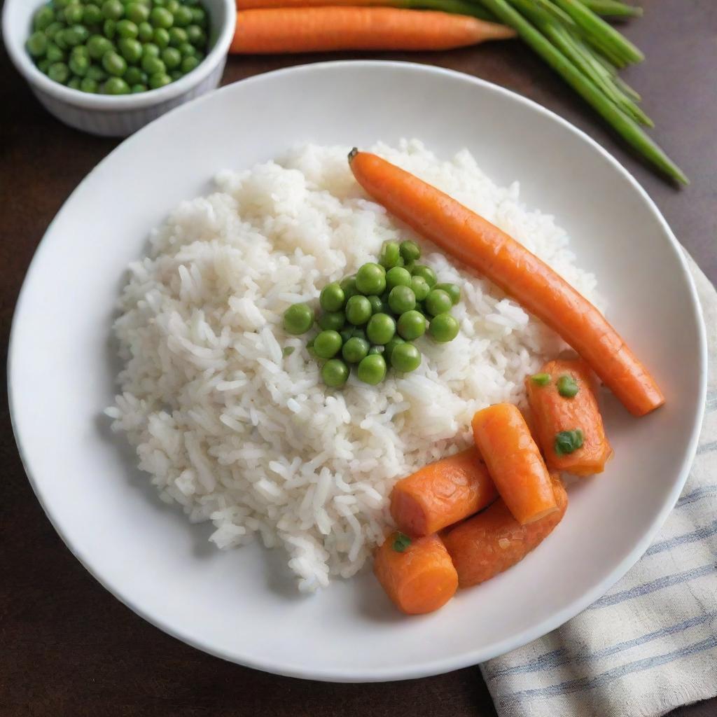 A deliciously prepared plate with white rice, garnished with vibrantly colored, boiled carrots and peas.