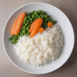 A deliciously prepared plate with white rice, garnished with vibrantly colored, boiled carrots and peas.