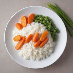 A deliciously prepared plate with white rice, garnished with vibrantly colored, boiled carrots and peas.