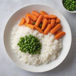 A deliciously prepared plate with white rice, garnished with vibrantly colored, boiled carrots and peas.