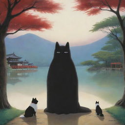 An enchanting scene showing Kaonashi, or No-Face, from Spirited Away, spending joyous moments with a beautiful Akita dog in a peaceful setting.