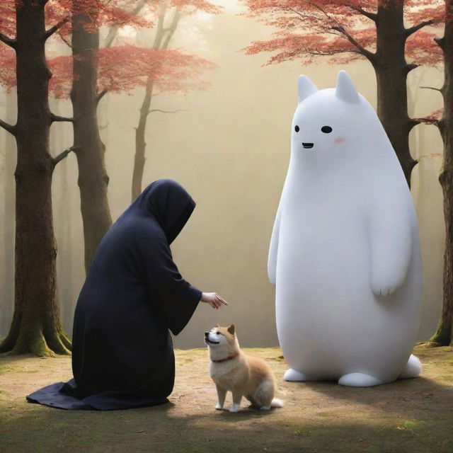 A captivating image of Kaonashi, better known as No-Face from 'Spirited Away', interacting with a playful Akita dog in a serene environment.