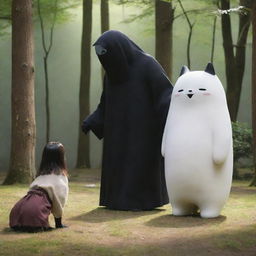 A captivating image of Kaonashi, better known as No-Face from 'Spirited Away', interacting with a playful Akita dog in a serene environment.