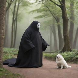 A captivating image of Kaonashi, better known as No-Face from 'Spirited Away', interacting with a playful Akita dog in a serene environment.