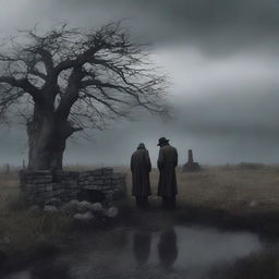 A chilling digital art image portrays a desolate rural scene