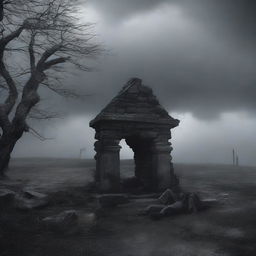 A chilling digital art image portrays a desolate rural scene