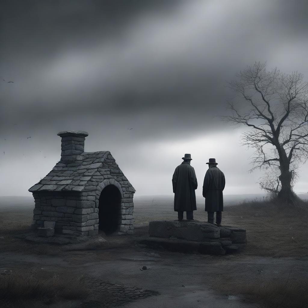 A chilling digital art image portrays a desolate rural scene