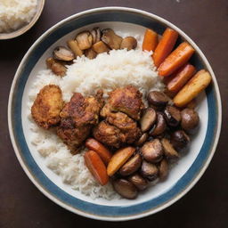 A high-resolution image of a Chinese dish featuring perfectly cooked rice, fried chicken, sautéed mushrooms, steamed carrots, roasted potatoes, and caramelized onions, served in a decorative bowl.