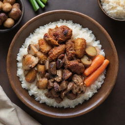 A high-resolution image of a Chinese dish featuring perfectly cooked rice, fried chicken, sautéed mushrooms, steamed carrots, roasted potatoes, and caramelized onions, served in a decorative bowl.