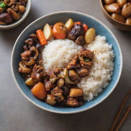 A high-resolution image of a Chinese dish featuring perfectly cooked rice, fried chicken, sautéed mushrooms, steamed carrots, roasted potatoes, and caramelized onions, served in a decorative bowl.