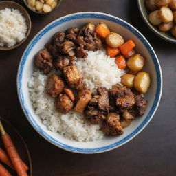 A high-resolution image of a Chinese dish featuring perfectly cooked rice, fried chicken, sautéed mushrooms, steamed carrots, roasted potatoes, and caramelized onions, served in a decorative bowl.