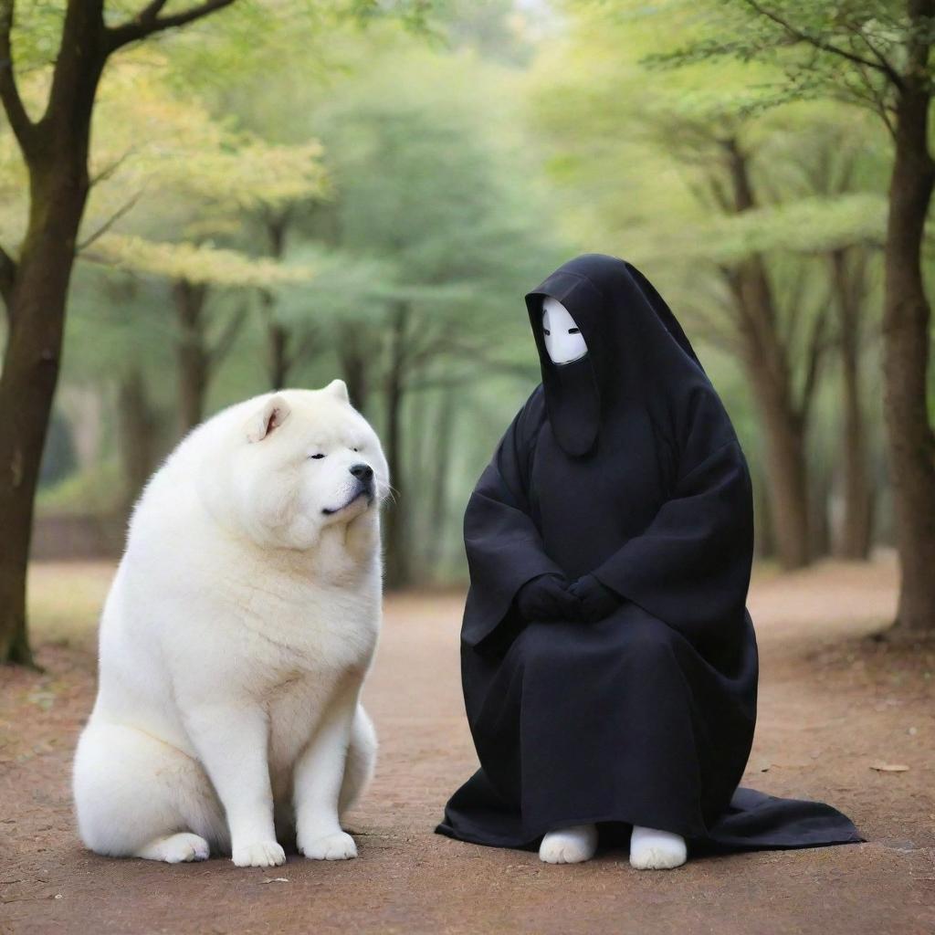 A heartwarming image capturing Kaonashi, also known as No-Face from 'Spirited Away', gently bonding with a friendly Akita dog in a tranquil setting.