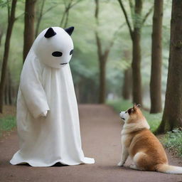 A heartwarming image capturing Kaonashi, also known as No-Face from 'Spirited Away', gently bonding with a friendly Akita dog in a tranquil setting.