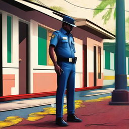 This is a high-quality digital art image depicting a Kerala police officer investigating a crime scene