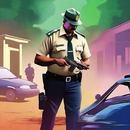 This is a high-quality digital art image depicting a Kerala police officer investigating a crime scene