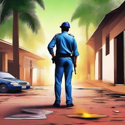 This is a high-quality digital art image depicting a Kerala police officer investigating a crime scene