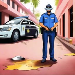 This is a high-quality digital art image depicting a Kerala police officer investigating a crime scene