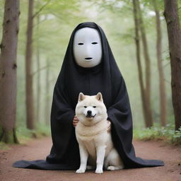 A heartwarming image capturing Kaonashi, also known as No-Face from 'Spirited Away', gently bonding with a friendly Akita dog in a tranquil setting.