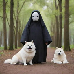 A heartwarming image capturing Kaonashi, also known as No-Face from 'Spirited Away', gently bonding with a friendly Akita dog in a tranquil setting.