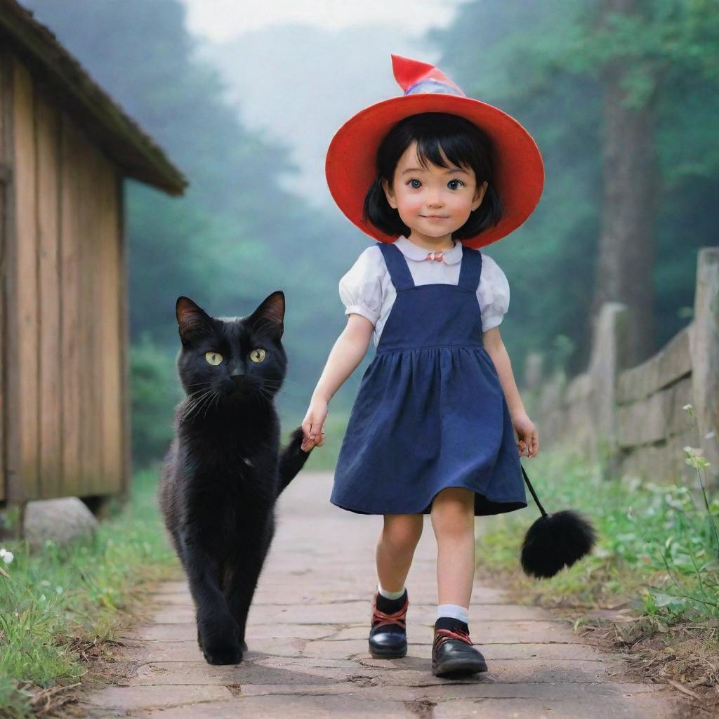 An adorable and vibrant image of Kiki, the young witch, and her loyal black cat Gigi from 'Kiki's Delivery Service' set in a magical Ghibli-style world.