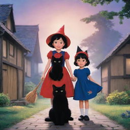 An adorable and vibrant image of Kiki, the young witch, and her loyal black cat Gigi from 'Kiki's Delivery Service' set in a magical Ghibli-style world.