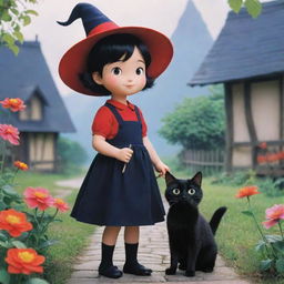 An adorable and vibrant image of Kiki, the young witch, and her loyal black cat Gigi from 'Kiki's Delivery Service' set in a magical Ghibli-style world.