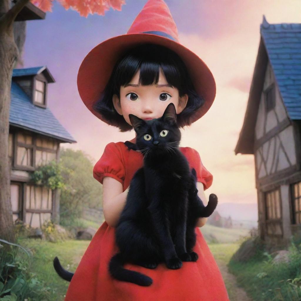 An adorable and vibrant image of Kiki, the young witch, and her loyal black cat Gigi from 'Kiki's Delivery Service' set in a magical Ghibli-style world.