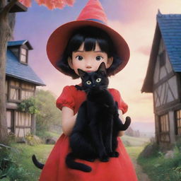 An adorable and vibrant image of Kiki, the young witch, and her loyal black cat Gigi from 'Kiki's Delivery Service' set in a magical Ghibli-style world.