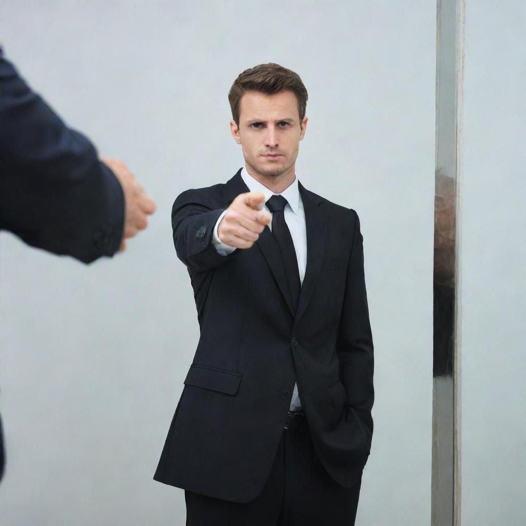 A man in a business suit pointing a finger at his reflection in a mirror, symbolizing firing himself