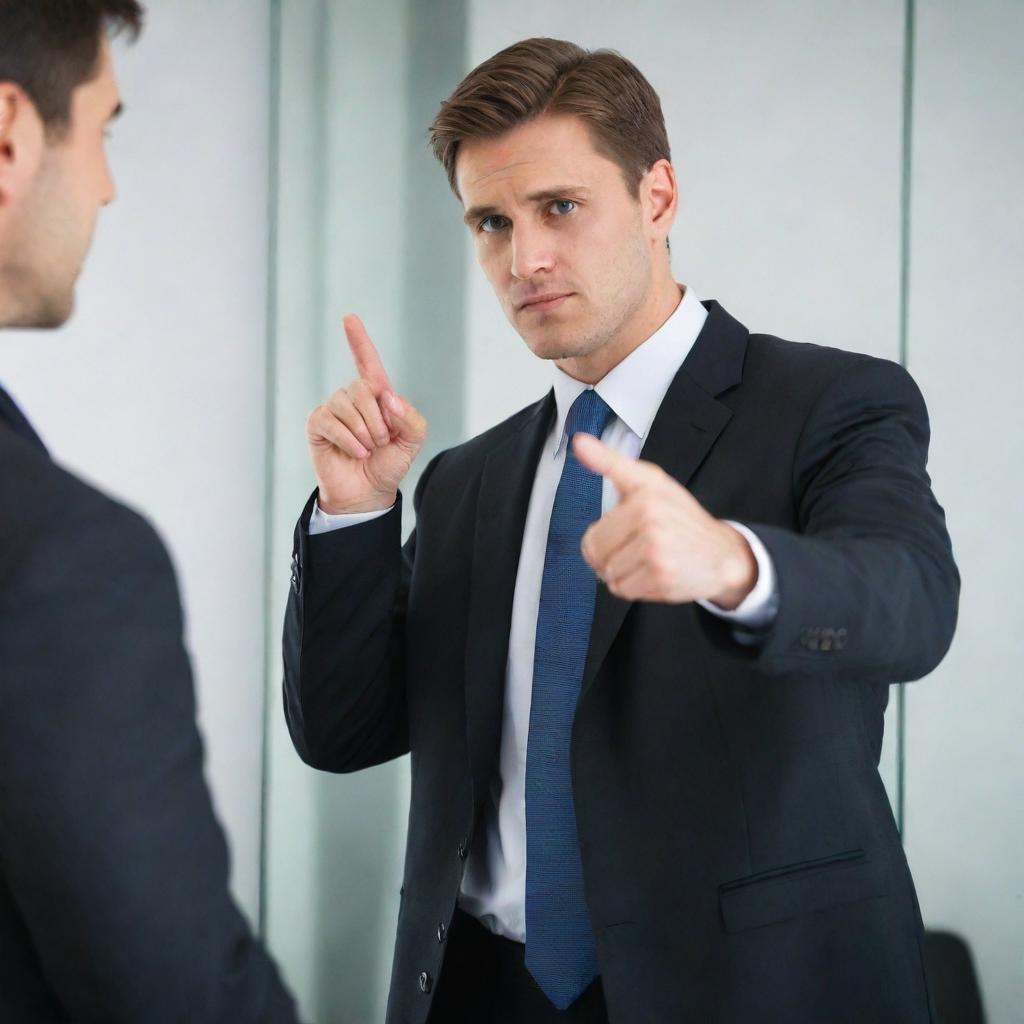 A man in a business suit pointing a finger at his reflection in a mirror, symbolizing firing himself