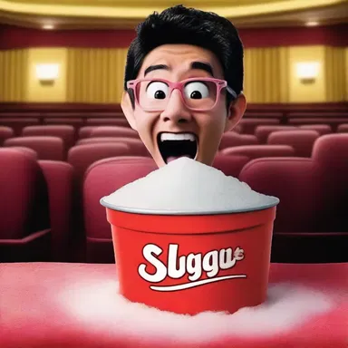 The character in the movie theater ordered a large tub of sugar water to enjoy during the film.