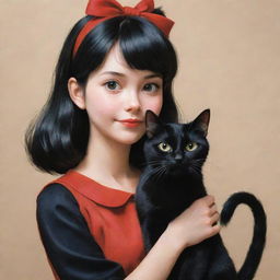 A lifelike illustration of Kiki and her faithful black cat Gigi from 'Kiki's Delivery Service', crafted in a realistic style while maintaining their iconic Ghibli charm.