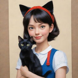 A lifelike illustration of Kiki and her faithful black cat Gigi from 'Kiki's Delivery Service', crafted in a realistic style while maintaining their iconic Ghibli charm.