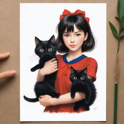 A lifelike illustration of Kiki and her faithful black cat Gigi from 'Kiki's Delivery Service', crafted in a realistic style while maintaining their iconic Ghibli charm.