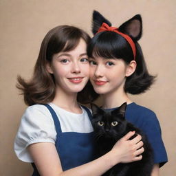 A lifelike illustration of Kiki and her faithful black cat Gigi from 'Kiki's Delivery Service', crafted in a realistic style while maintaining their iconic Ghibli charm.