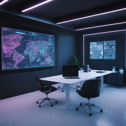 A futuristic office where an AI interface is displayed on a large screen, with neon lights and modern digital elements surrounding it