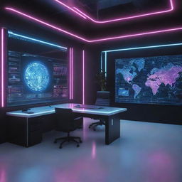 A futuristic office where an AI interface is displayed on a large screen, with neon lights and modern digital elements surrounding it