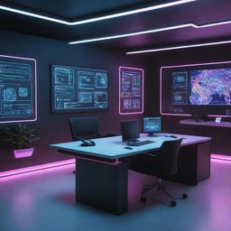 A futuristic office where an AI interface is displayed on a large screen, with neon lights and modern digital elements surrounding it