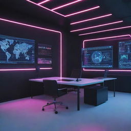 A futuristic office where an AI interface is displayed on a large screen, with neon lights and modern digital elements surrounding it